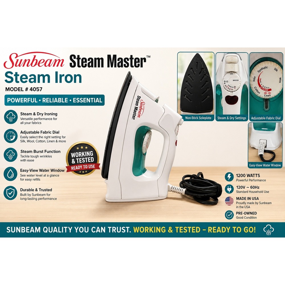 Sunbeam Steam Master Iron White Teal 1200W Non-Stick Soleplate Model 4257